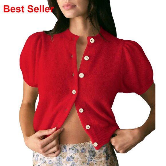 Cropped Puff Sleeve Button Cardigan Lightweight Knit Summer Sweater